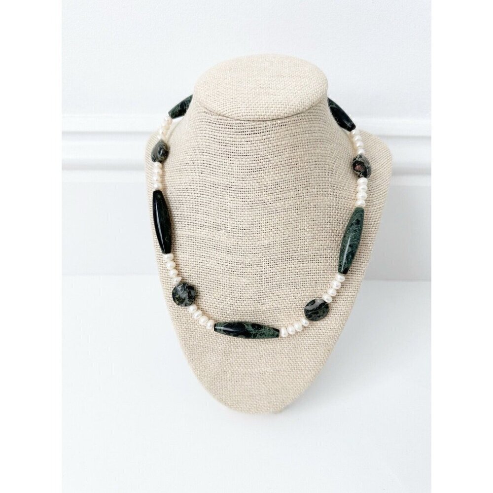 NWT Genuine Jasper, Chrysocolla & Pearls Necklace Green White Beaded